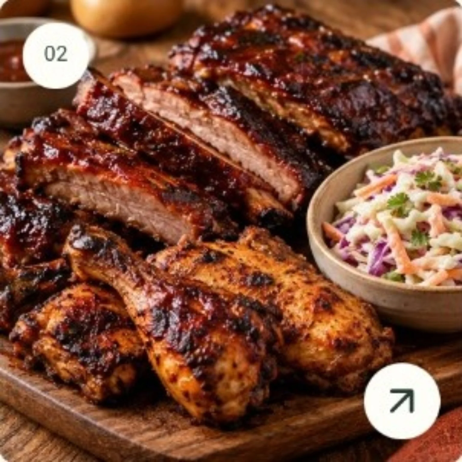 Inspiration photograph of barbecue ribs, grilled chicken and coleslaw