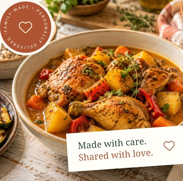 A comforting chicken and vegetable stew in a bowl, illustrative food photography